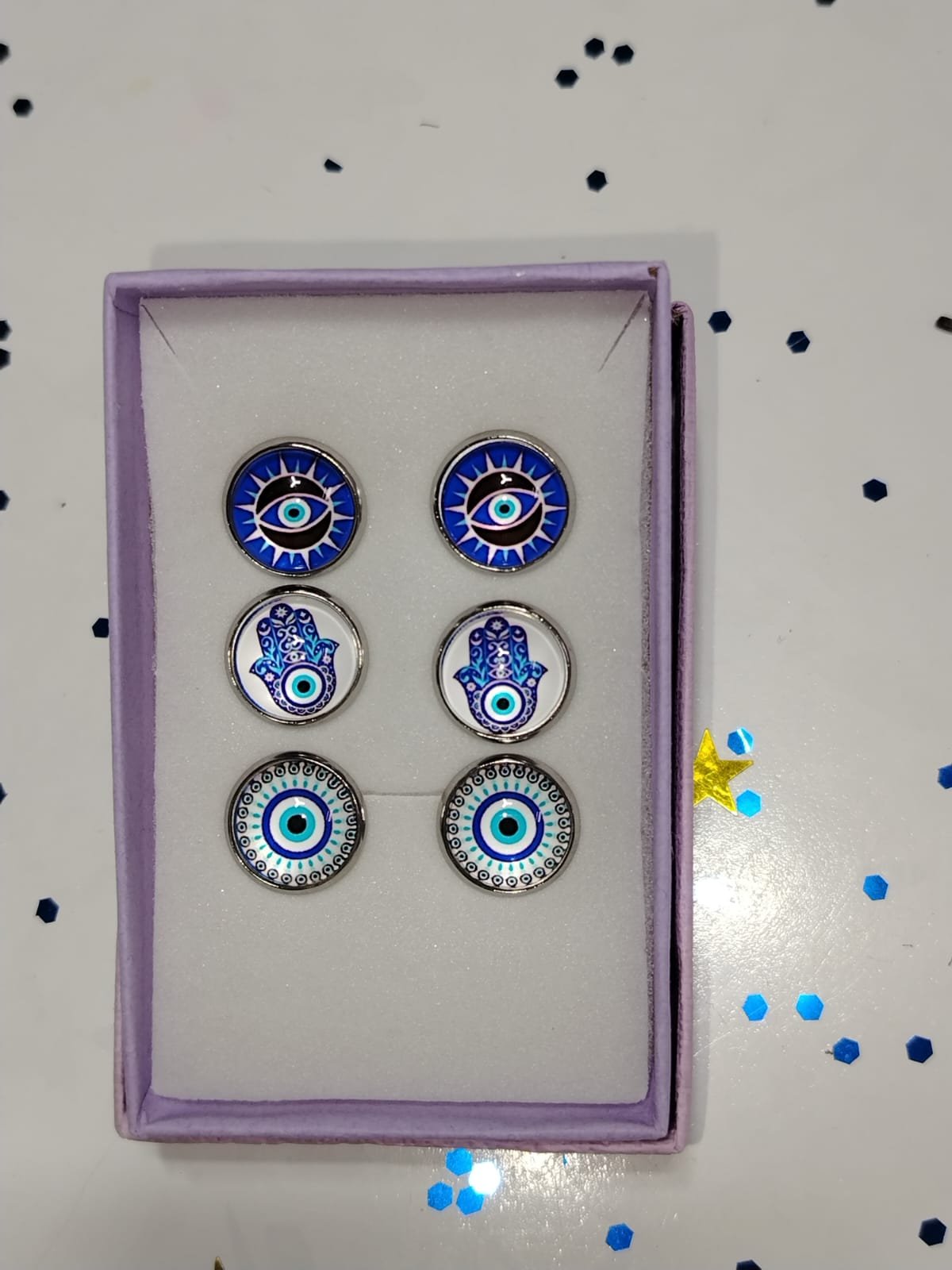 3 pares de Aretes con diseño de Ojo Turco Azul